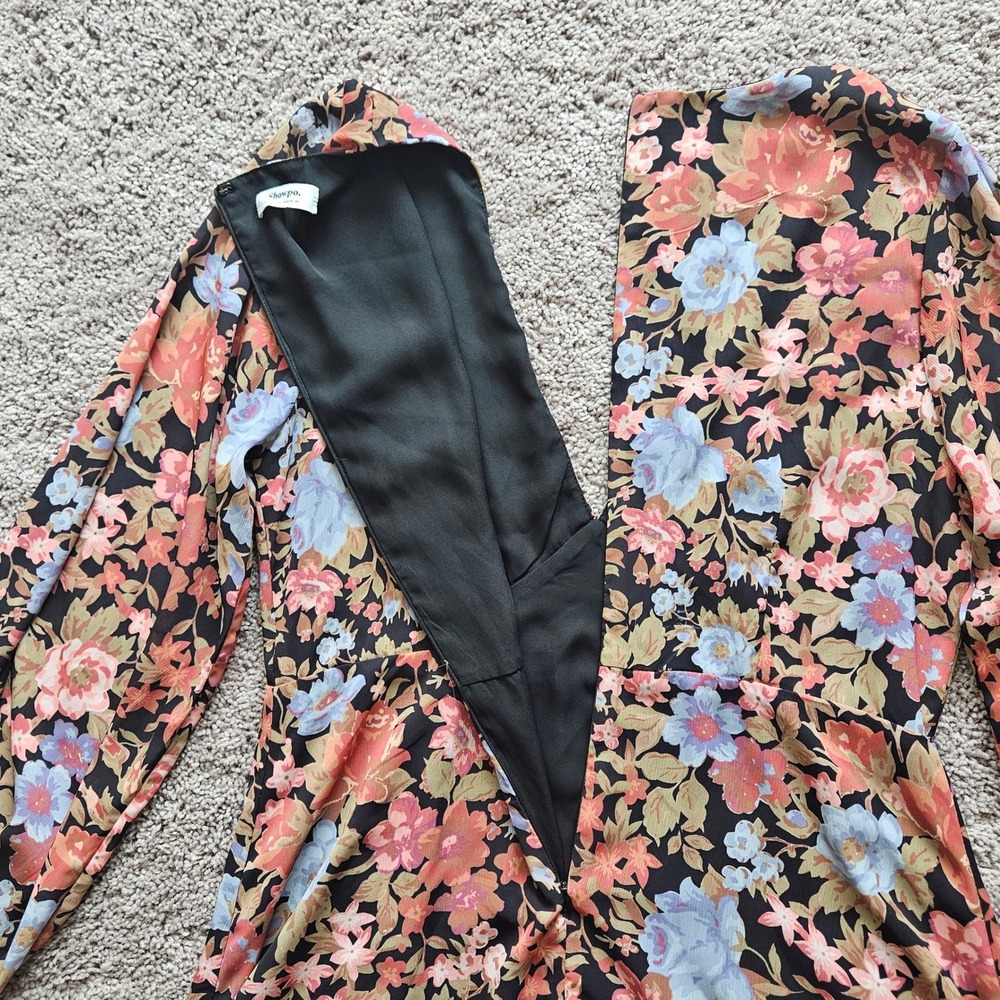 Showpo Henny Floral Midi Dress Womens 14 Black V-Neck Long Sleeve Side Slit Boho - Picture 9 of 12